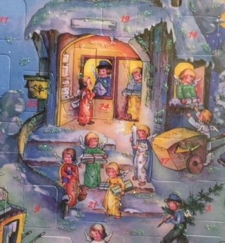 Adventskalender KORSCH 275V LH: Ängel-molnpostkontor 1990-2006 Vykort=12x17c