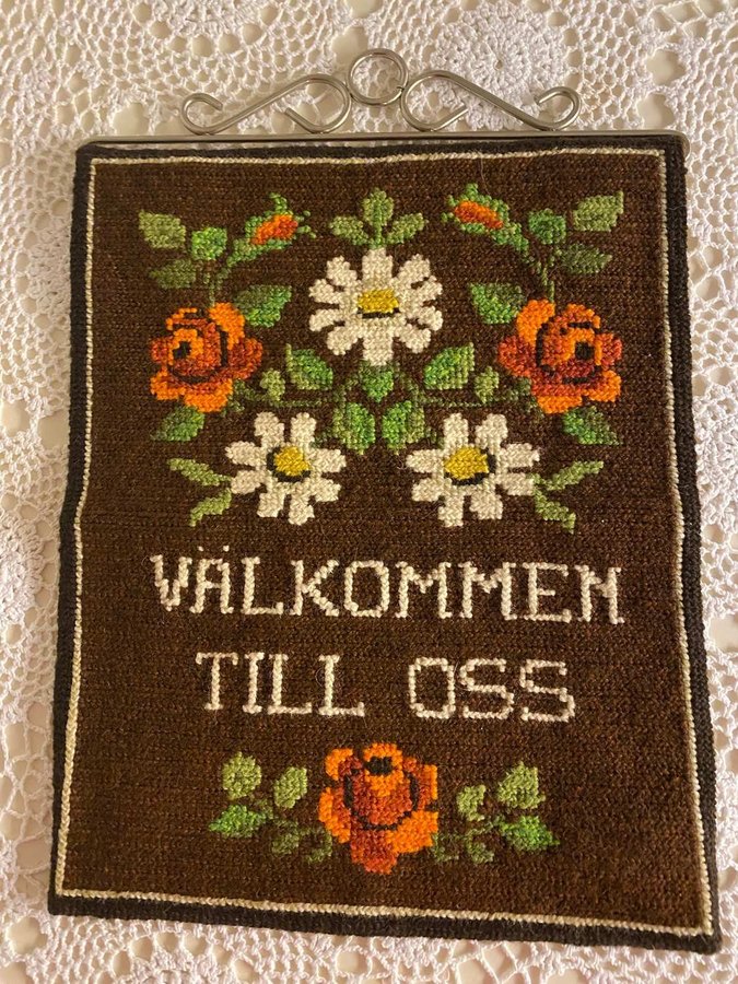 Handbroderad retro bonad väggbonad ull välkommen