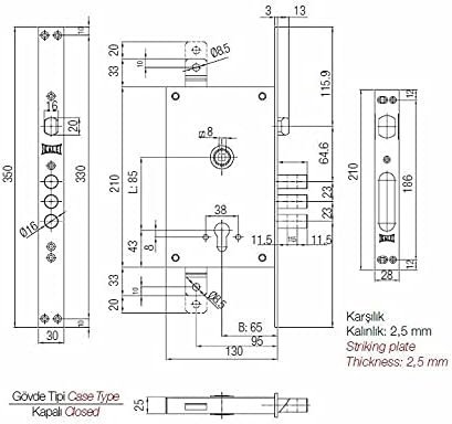 Kale Kilit 352R /Door Lock/Lock Case for Cylinder Lock/ 3 -Point Locking/for Ste