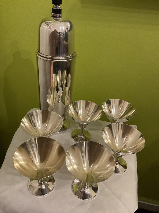 Art Deco Nysilverset - Shaker samt cocktailglas