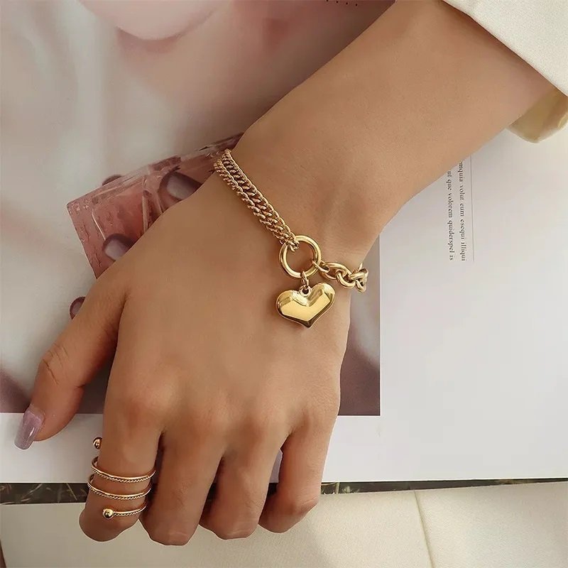 Snygg 14 K Guldpläterad hjärta armband kedja love chunky trendig armring stål