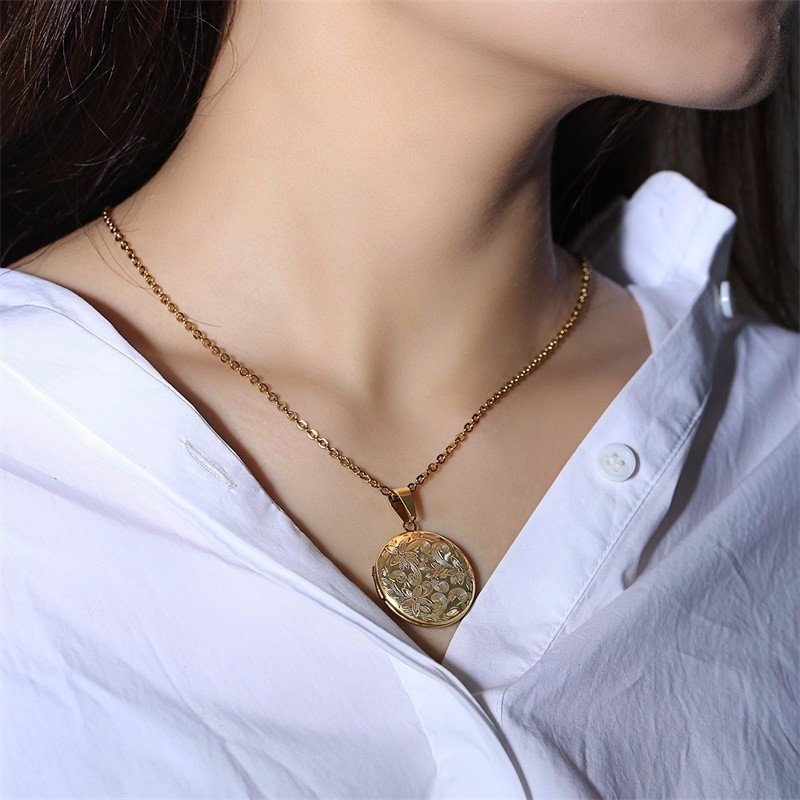 Halsband öppningsbar medaljong 50cm kedja berlock blomma foto guldpläterad stål