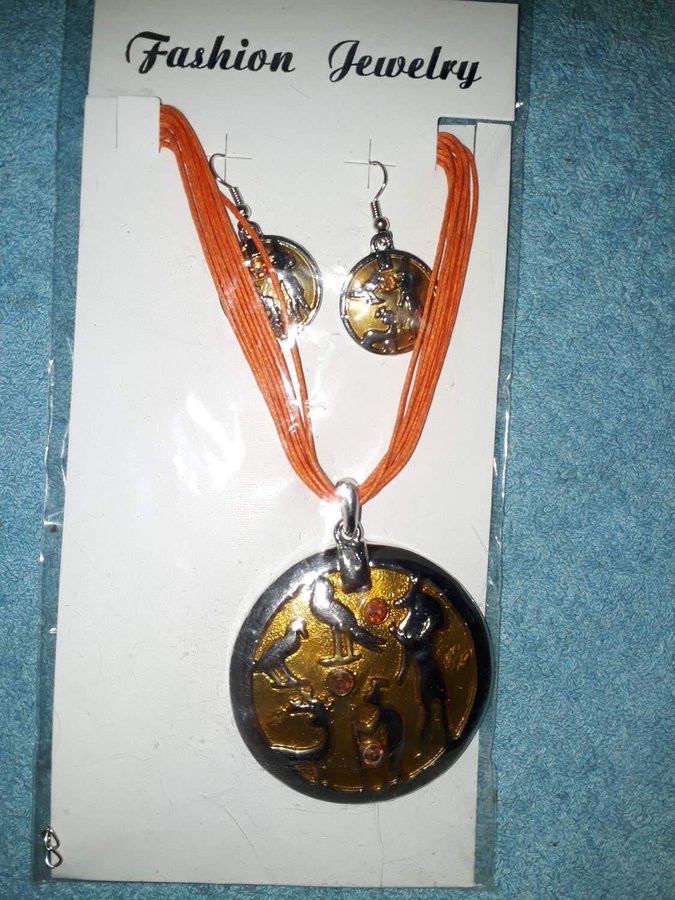 smyckespaket halsband + örhängen ORANGE + silverfärgad metall