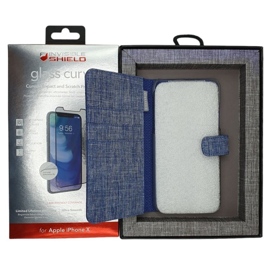 [Paket] iPhone X/XS - Jeans Plånboksfodral + 9H Härdat Glas Skärmskydd + Ram