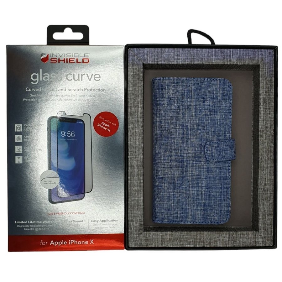[Paket] iPhone X/XS - Jeans Plånboksfodral + 9H Härdat Glas Skärmskydd + Ram