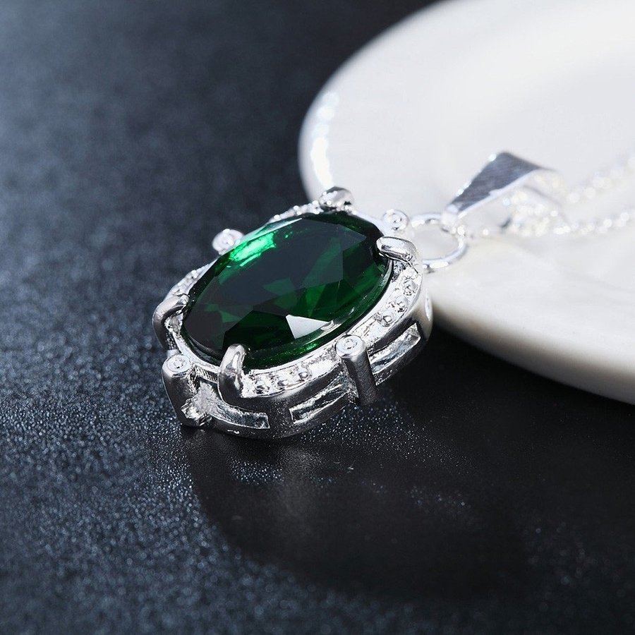 Silver halsband 925 stämpel vintage grön kristall smargad-replika kedja collier