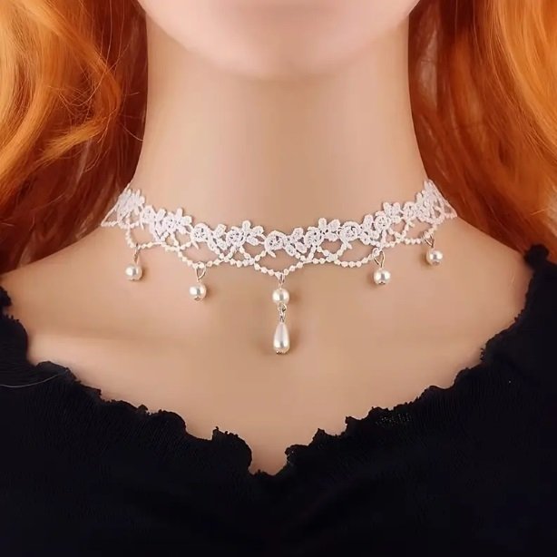 Snygg choker halsband med vita pärlor syntetisk pärla chocker spets retro stil