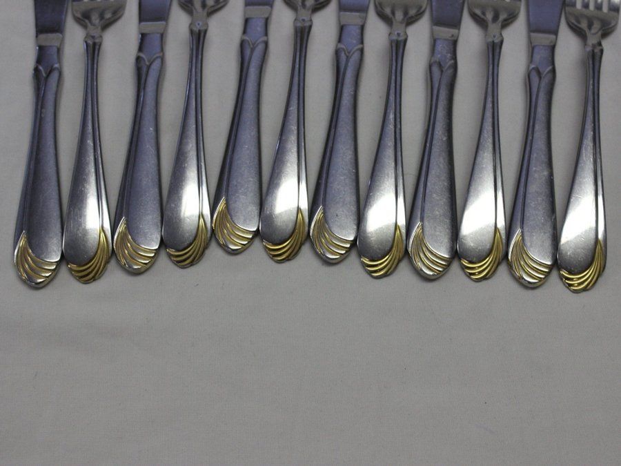 12 Vintage Bestick Gense m Guld Dekor 6 Gaffel + 6 Kniv i Rostfritt