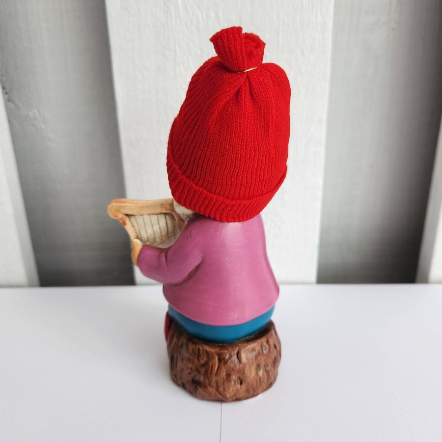 Vintage Christmas Gnome Playing Harp Figurine with Knit Beanie Japan