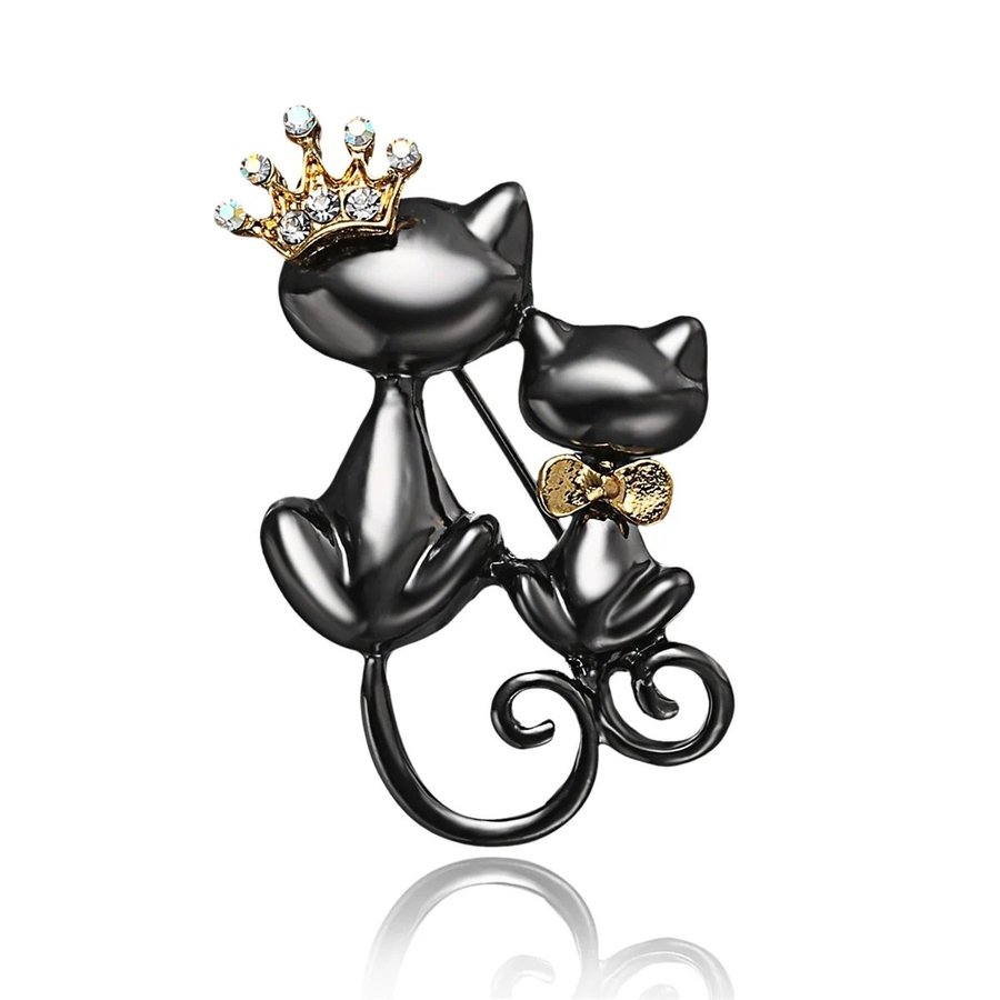 Trendigt brosch svarta dubbla kattungar kattunge brooch kitty crown cat paret