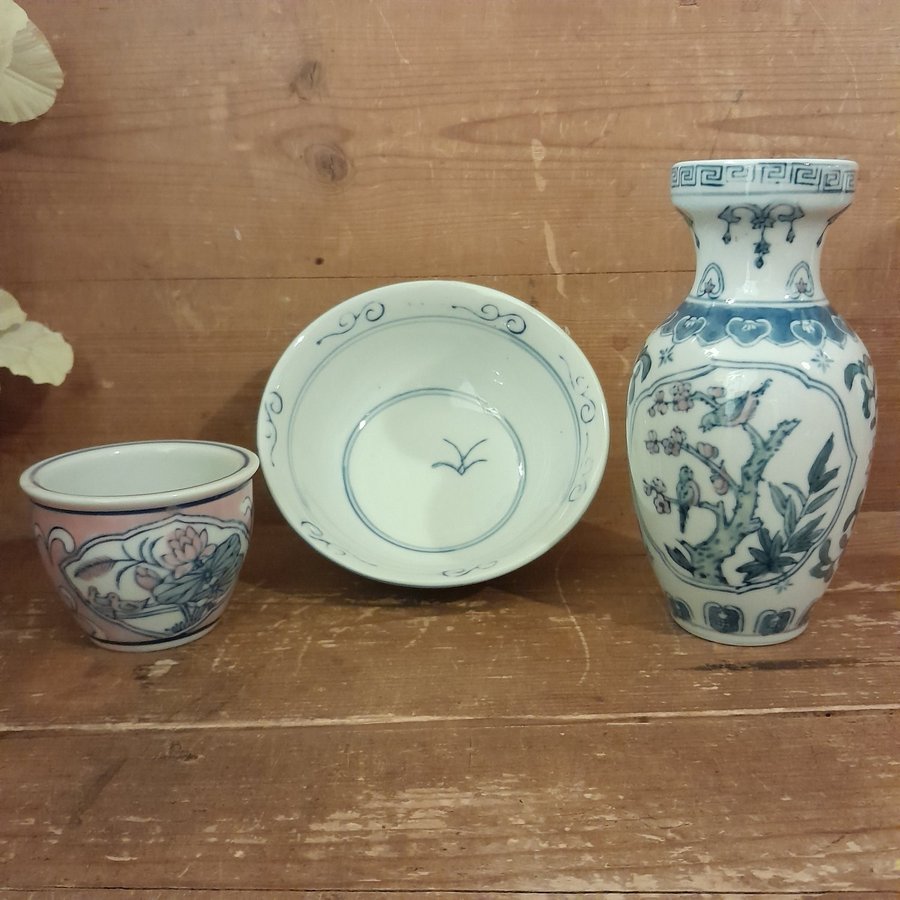 Vintage Kinesiskt porslin Vas+ Skål+ Kopp