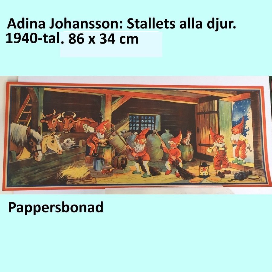 Adina Johansson: Stallets alla djur tomtar Stor pappersbonad 34x86cm 1940tal