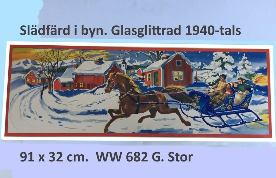 Slädfärd i byn glas-GLITTRAD Äkta 1940-tal Stor pappersbonad 91x32 cm WW682G