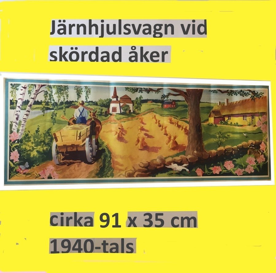 Järnhjuls-vagn skördat fält och kyrka 1940-50t Stor pappersbonad 92x35 WW578