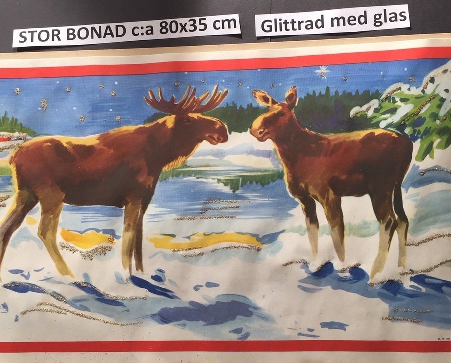 Älgar glas-GLITTRAD Äkta 1940-tal Stor pappersbonad 91x32 cm WW681G