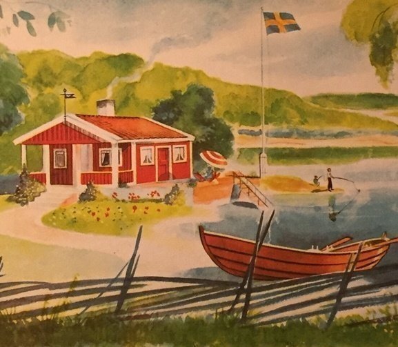 Svensk sommardröm: stuga båt bad flagga 1930-40talLiten pappersbonad 17x37c