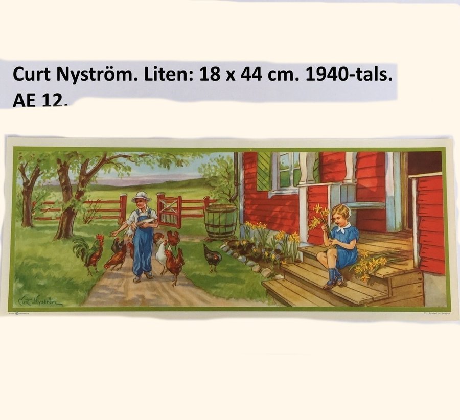 AE12 Curt Nyström: Vårtrappa m höns1940t Liten pappersbonad Påskbonad18x44c