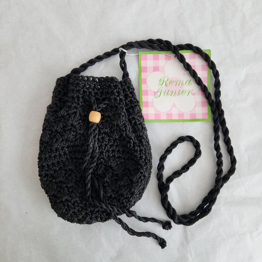 Vintage 90s Black Mini Drawstring Boho Crochet Bag Purse Roma Junior NY NY