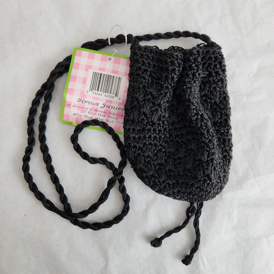 Vintage 90s Black Mini Drawstring Boho Crochet Bag Purse Roma Junior NY NY