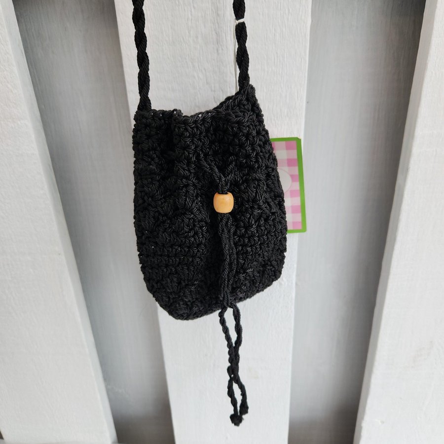 Vintage 90s Black Mini Drawstring Boho Crochet Bag Purse Roma Junior NY NY