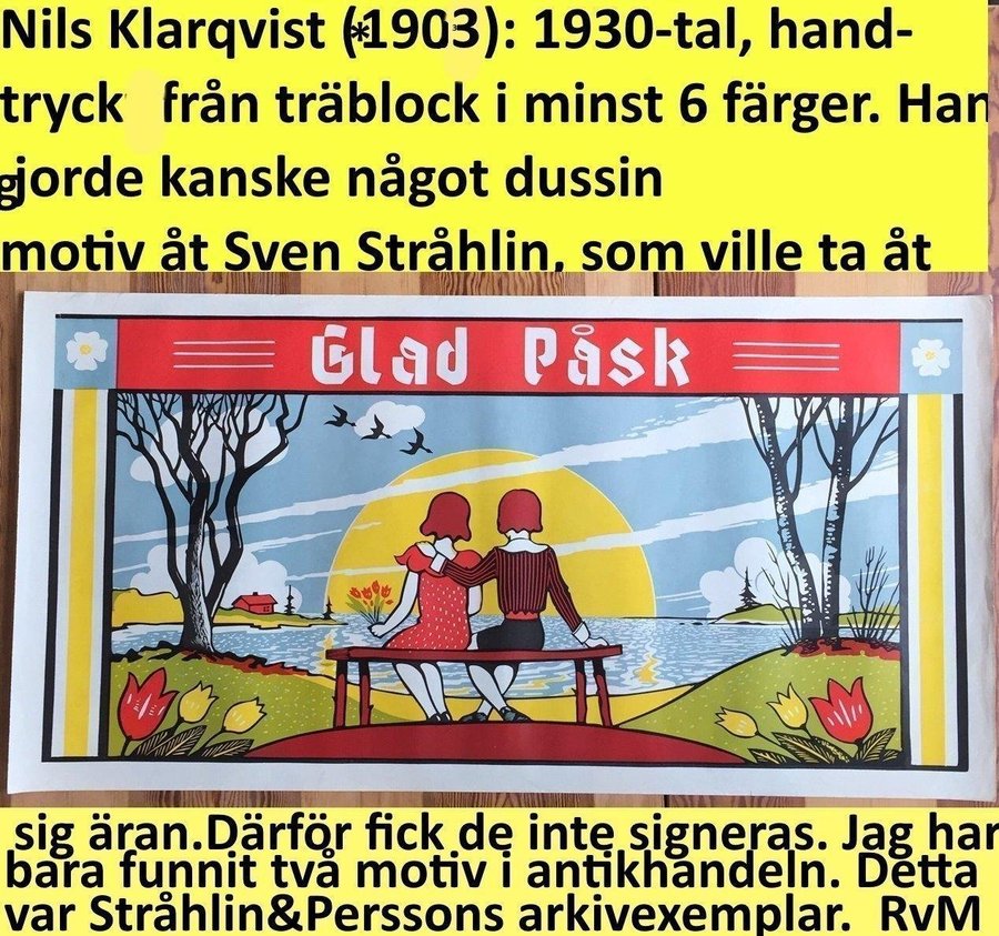 Sällsynt 1930-tals träsnitt handtryckt av Nils Klarqvist: Pappersbonad 84x43c