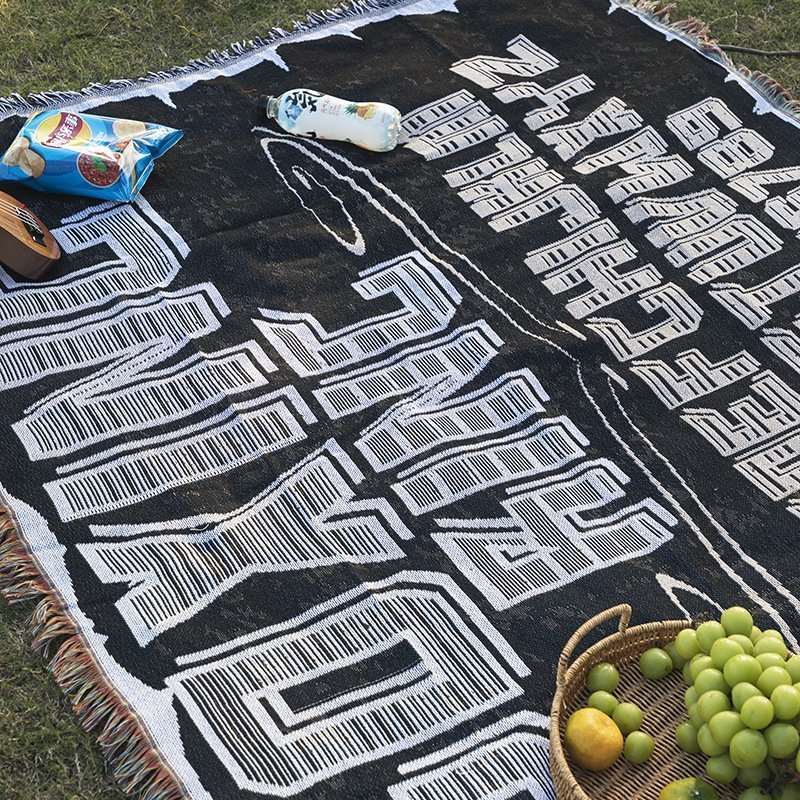 Black letter picnic camping carpet chair blanket tapestry shawl,130*180cm