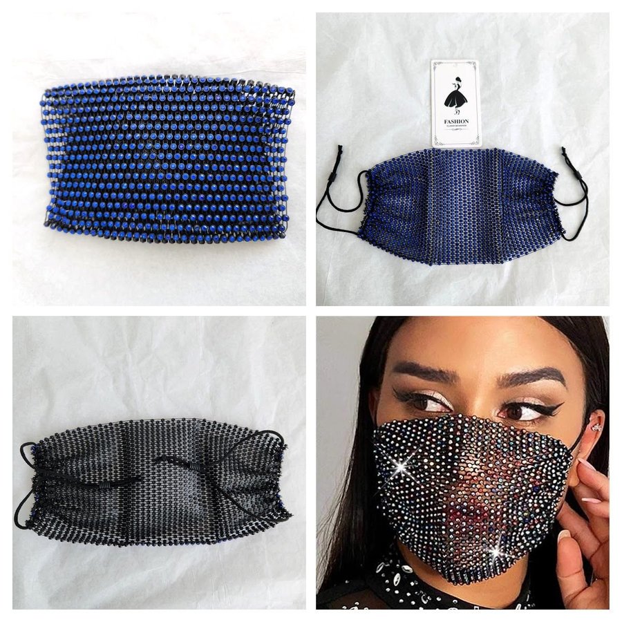 Urieo Sparkly Rhinestones Mesh Face Mask Blue