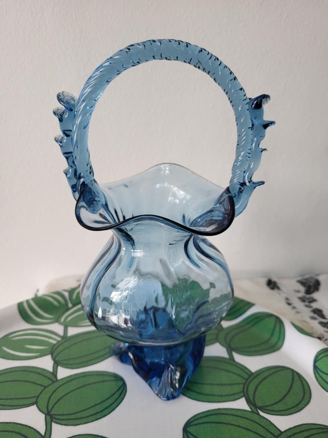 Muranoglaskorg vas blå vintage Italy