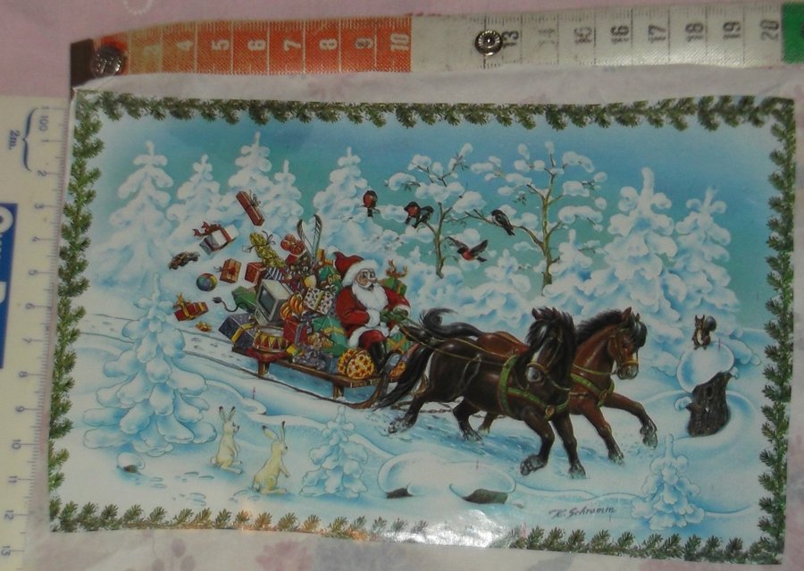 Äldre Julpapper Bild Hästar Tomte Släde Julklappar Snö skog Harar Ekorre Fåglar