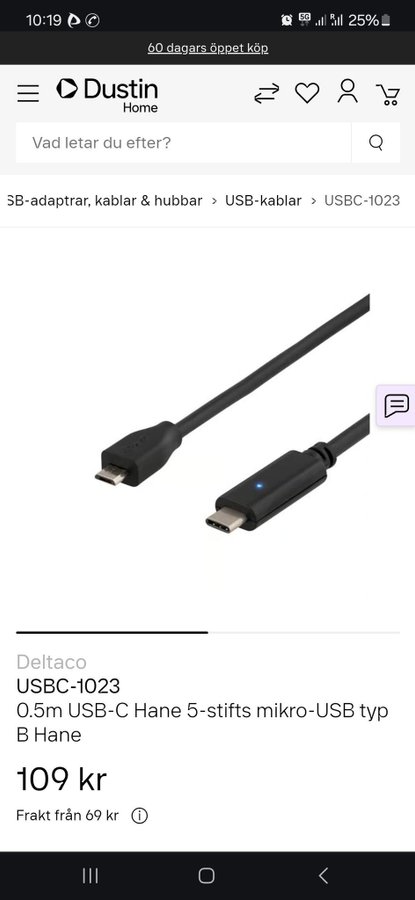 USBC-1023 05m USB-C Hane 5-stifts mikro-USB typ B Hane