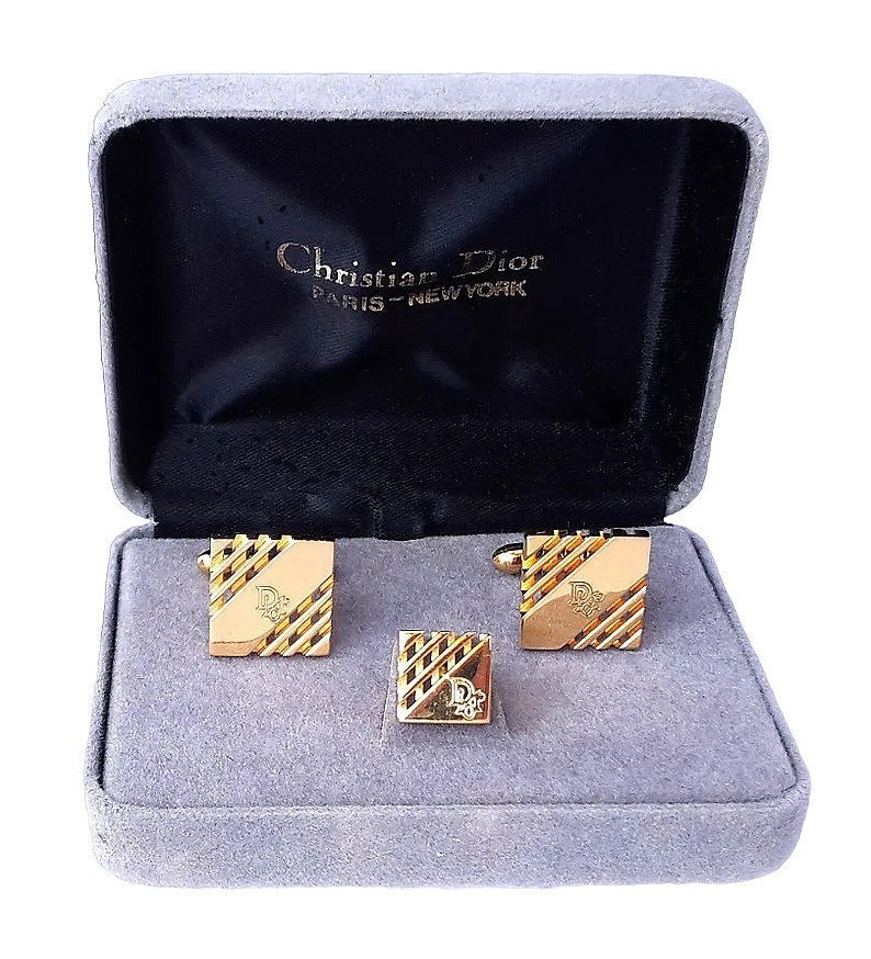 Christian Dior Gold Cufflinks  Pin Cd Logo Authentic Vintage 80s + Box