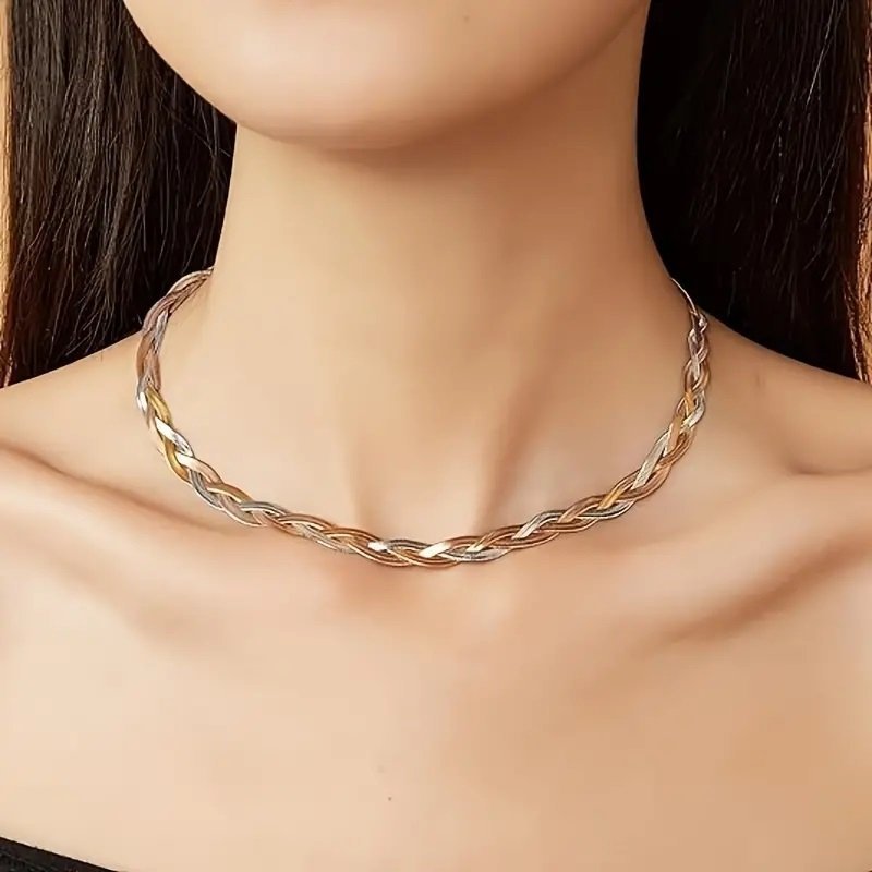 Flättat platt halsband ormlänk snake 3-färg collier chocker stämpel guld rödguld