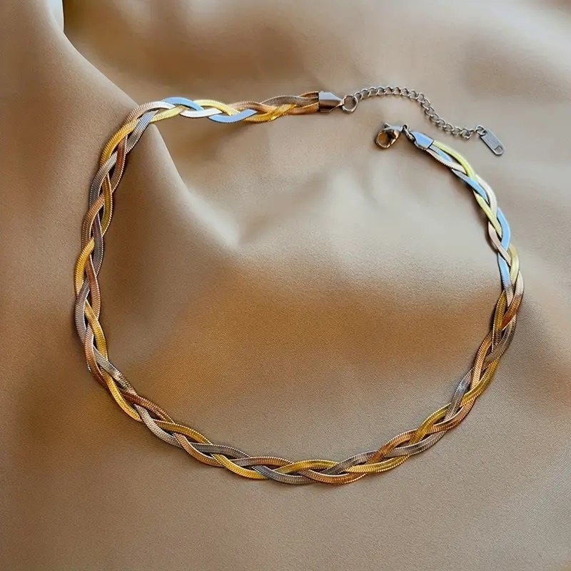 Flättat platt halsband ormlänk snake 3-färg collier chocker stämpel guld rödguld