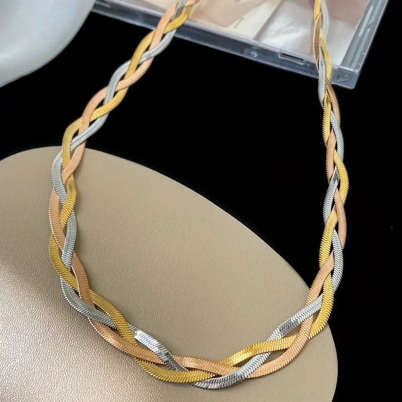 Flättat platt halsband ormlänk snake 3-färg collier chocker stämpel guld rödguld