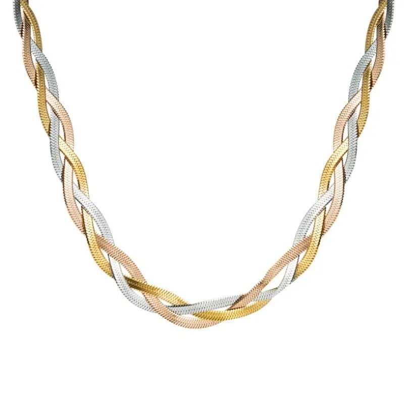 Flättat platt halsband ormlänk snake 3-färg collier chocker stämpel guld rödguld