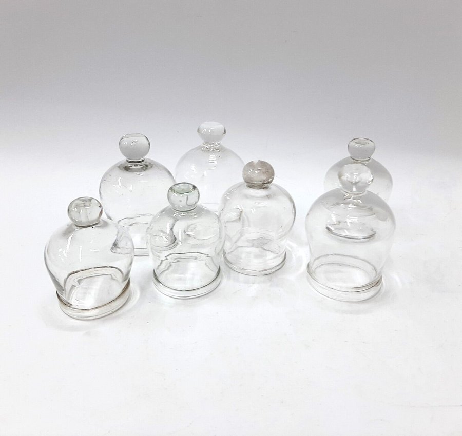 Antique French Set 7 Hand blown Glass suction cups Medical Cups(135)