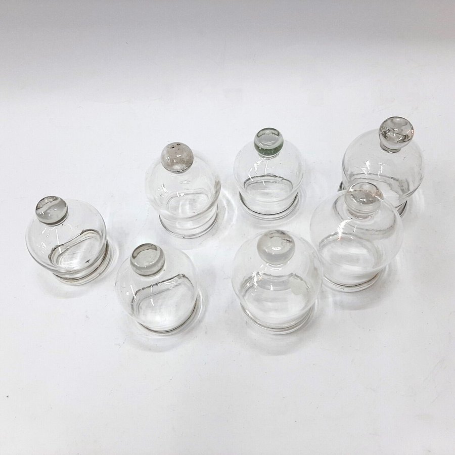 Antique French Set 7 Hand blown Glass suction cups Medical Cups(135)