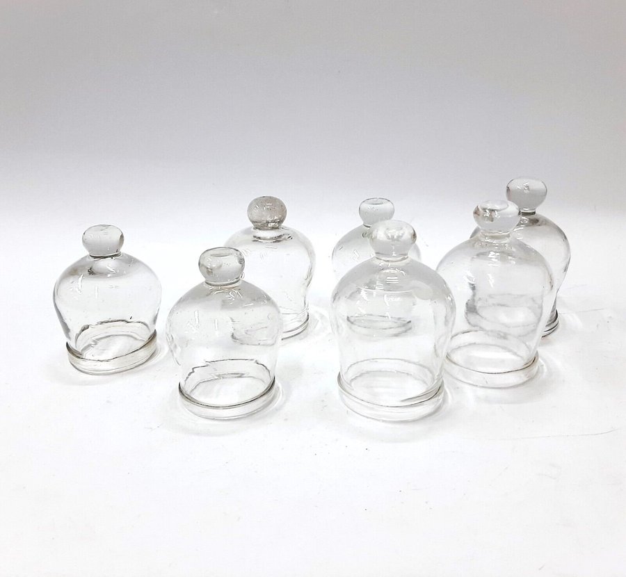 Antique French Set 7 Hand blown Glass suction cups Medical Cups(135)