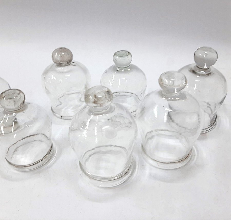 Antique French Set 7 Hand blown Glass suction cups Medical Cups(135)