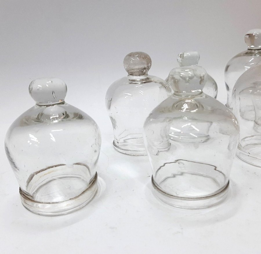 Antique French Set 7 Hand blown Glass suction cups Medical Cups(135)