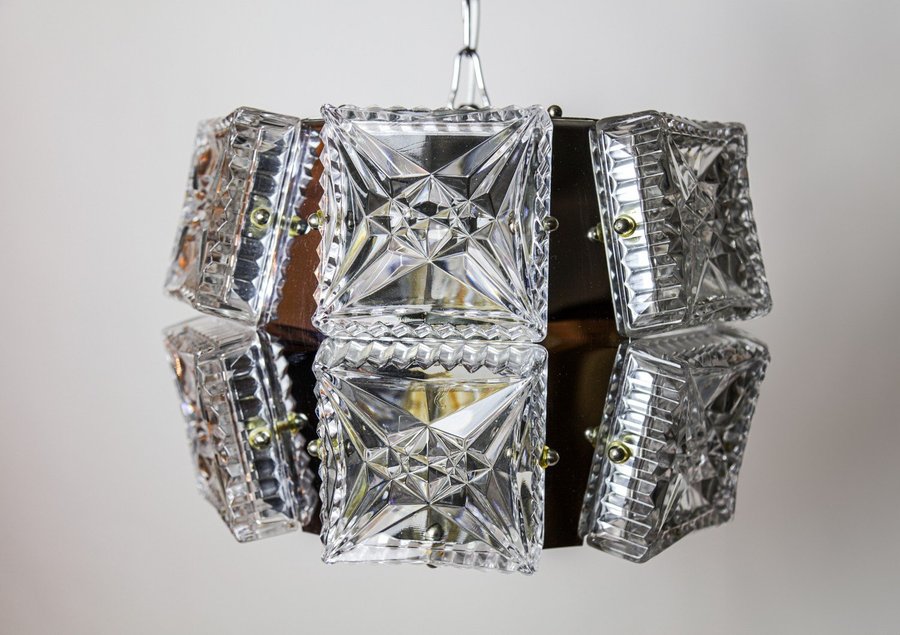 Taklampa 12 glasplattor kristall krom Boréns Borås 60-tal