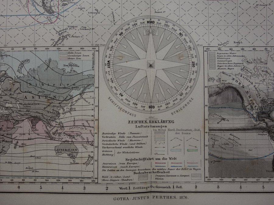 1876 vintage antik gammal världskarta över havsströmmar och transporter karta