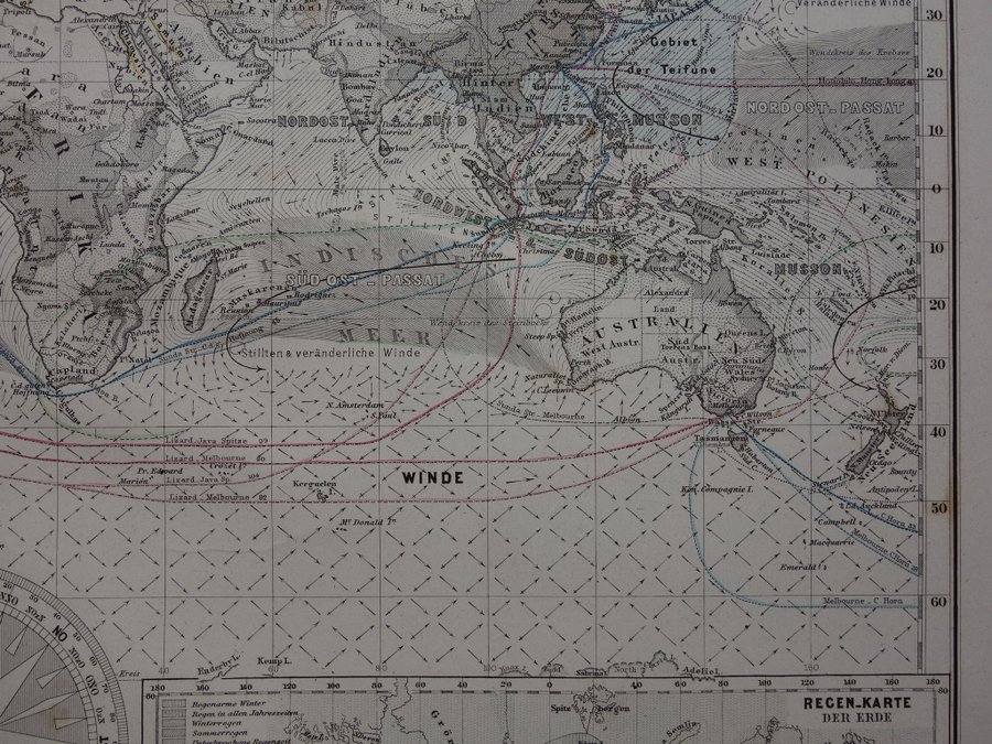 1876 vintage antik gammal världskarta över havsströmmar och transporter karta