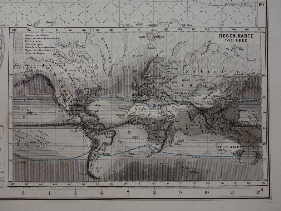 1876 vintage antik gammal världskarta över havsströmmar och transporter karta