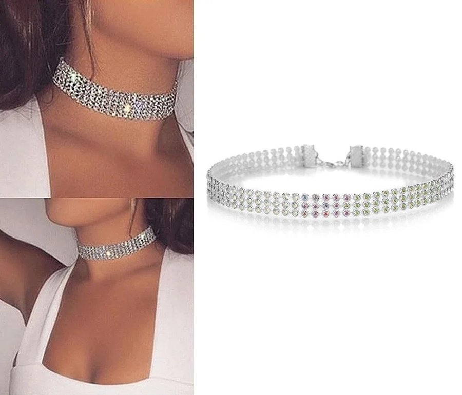 Snygg choker 3 rader Regnbåge kristaller strass silverpläterad jul fest halsband