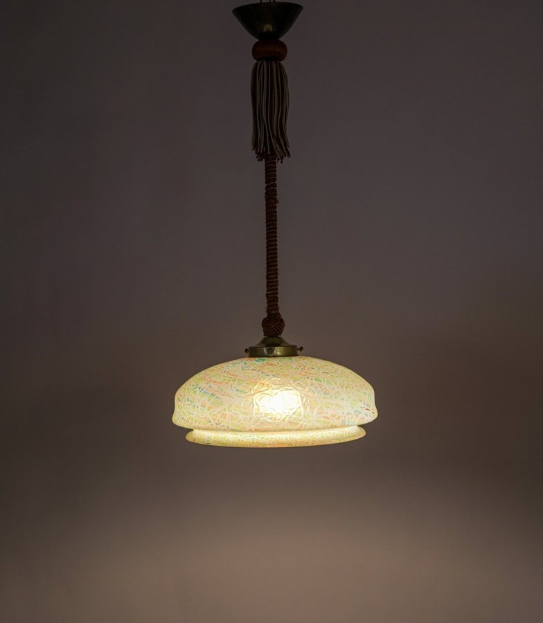 Antik taklampa stång tyg-lindad med fransar dekorativ glasskärm