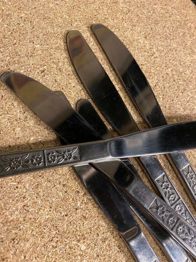 bestick -6 st knivar - Handtag med blommor - Rostfritt stål - Retro Vintage