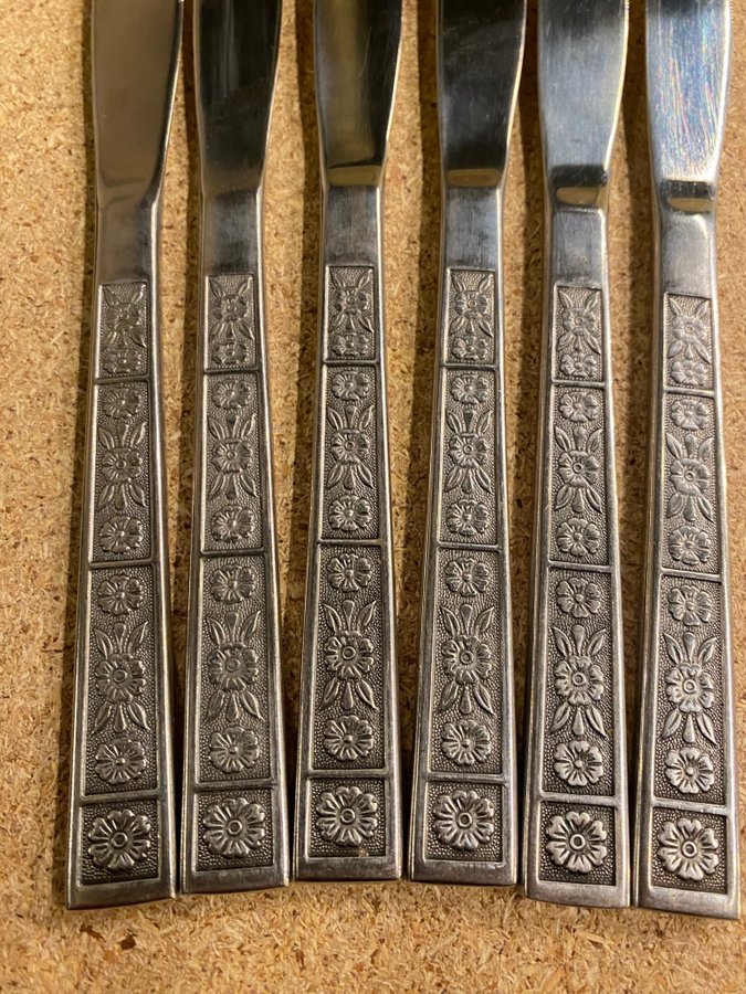 bestick -6 st knivar - Handtag med blommor - Rostfritt stål - Retro Vintage
