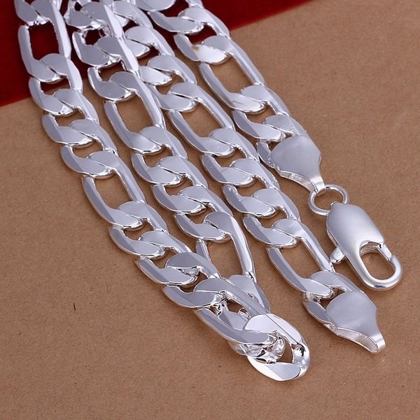 Tungt 60cm 12mm Stämplat Silver pansar länk figaro 925S pläterad halsband