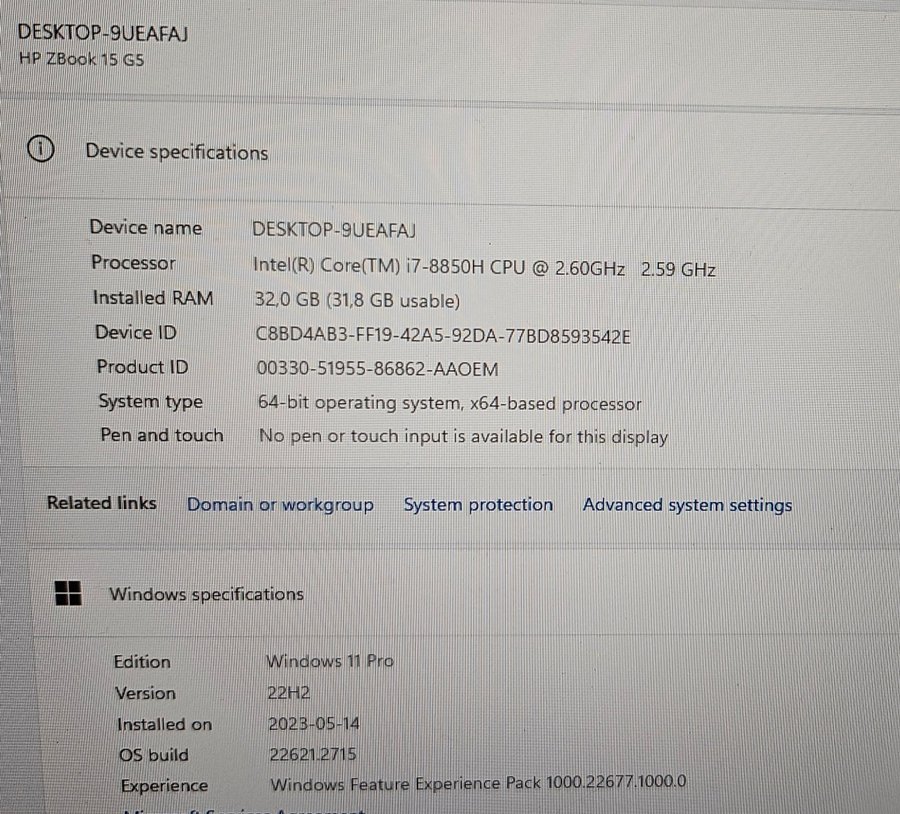 HP ZBook 15 G5 / i7-8850H / 32 GB / 512SSD / Quadro P2000 4GB / Windows 11 Pro